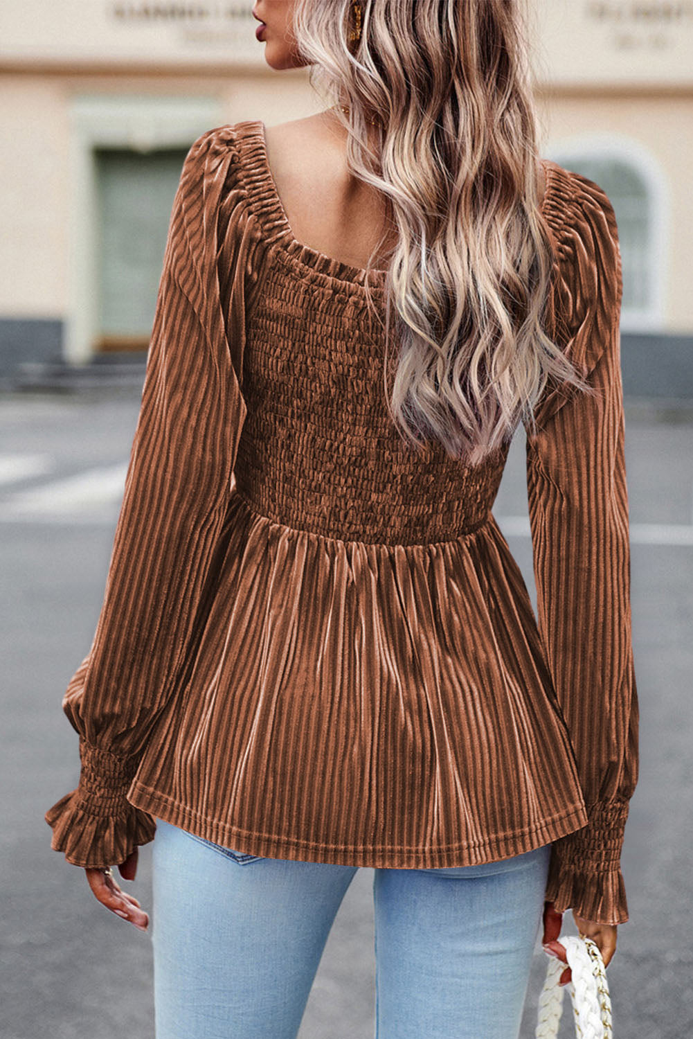 Chestnut Ribbed Velvet Babydoll Top RTS