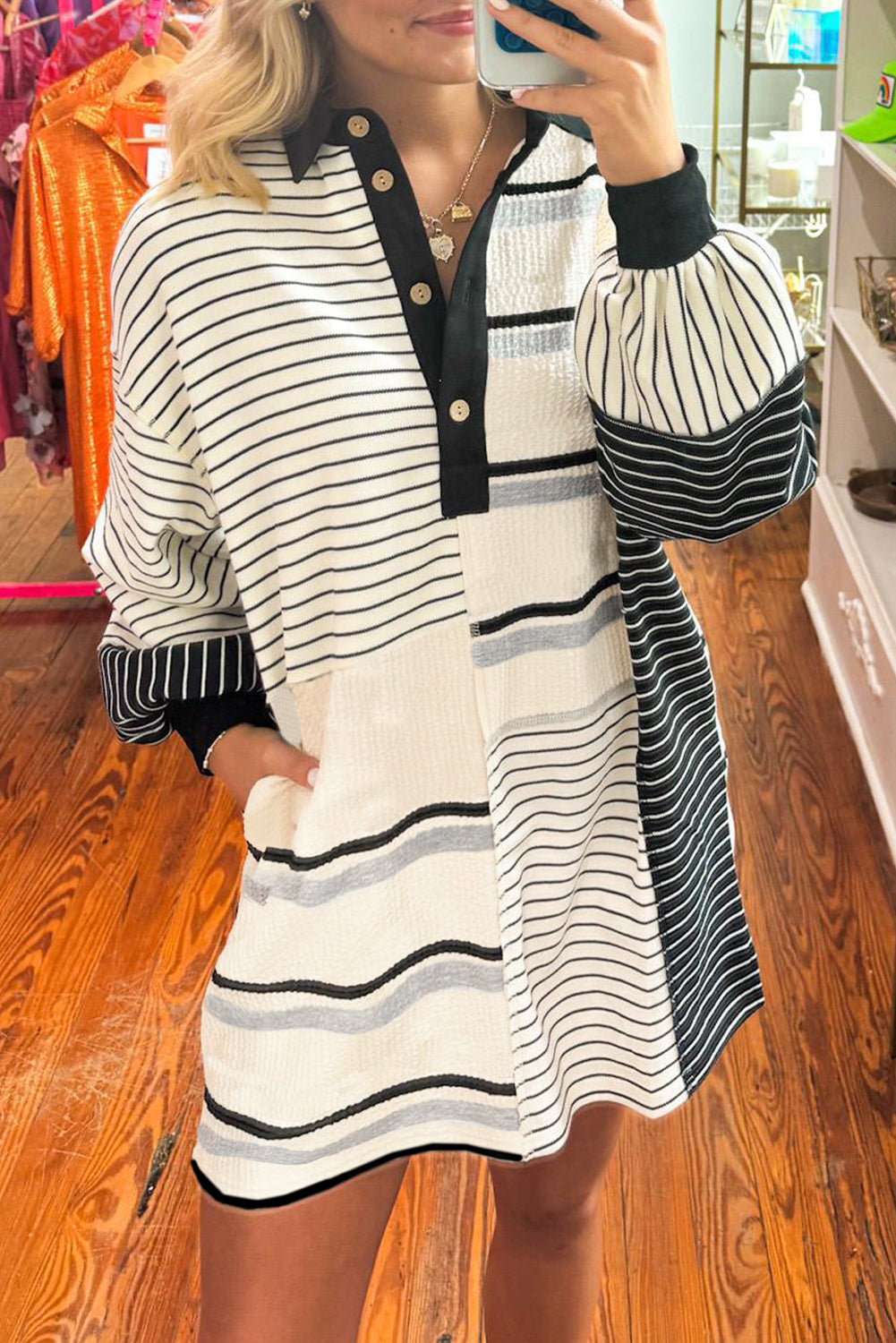 Black Stripe Colorblock Henley Mini Dress RTS