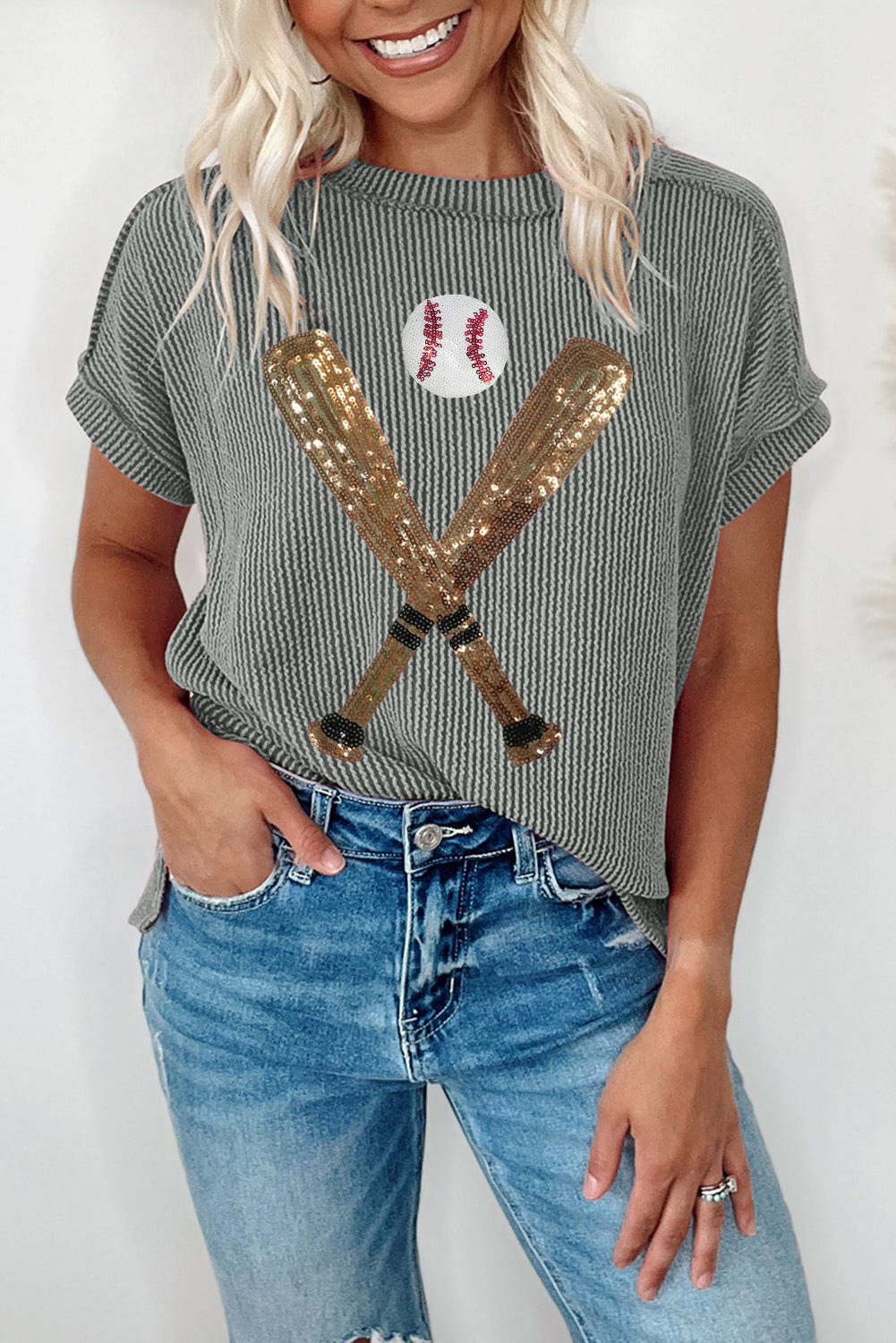 Grey Sequin Baseball Corded Top RTS