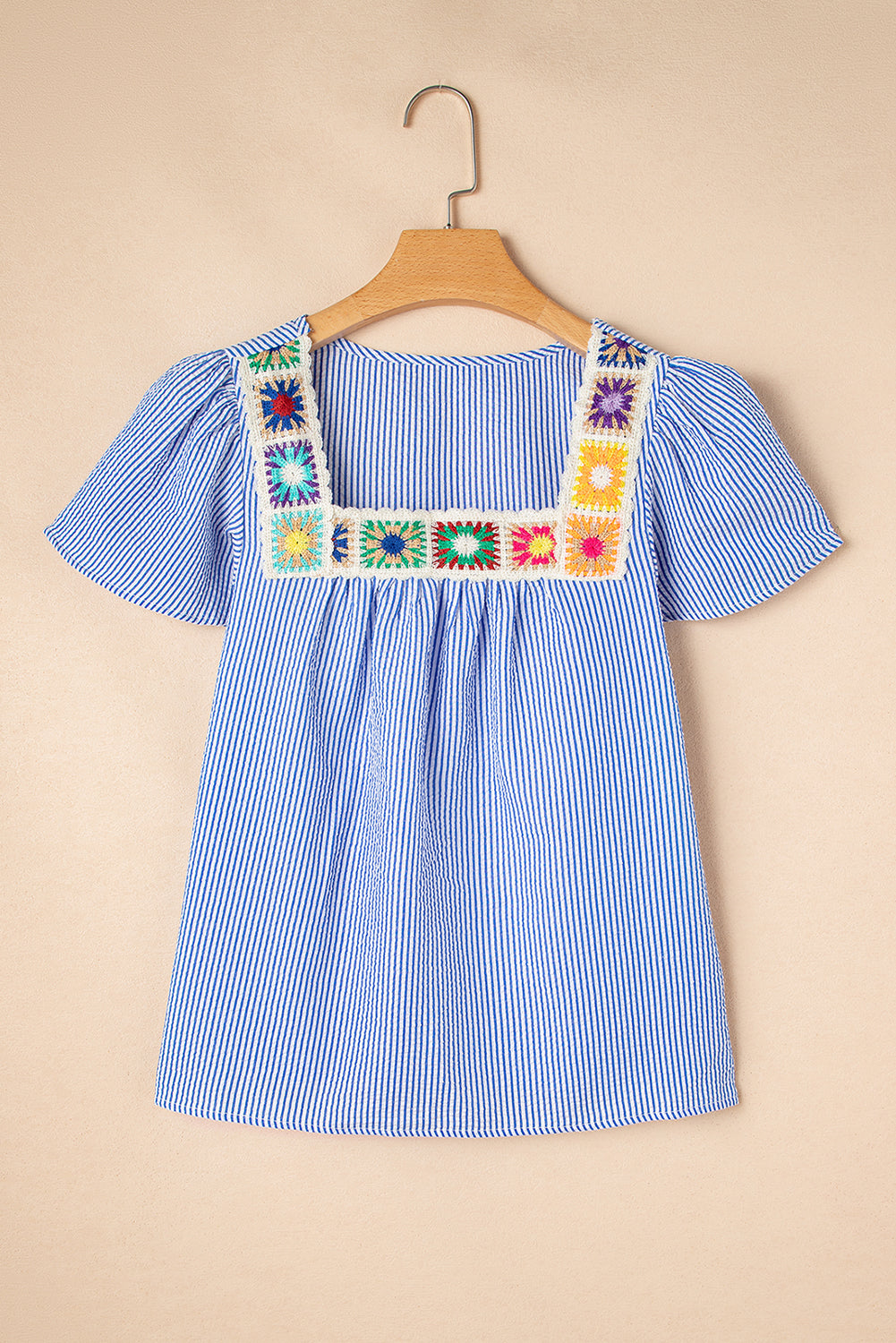 Blue Stripe Boho Flower Blouse RTS