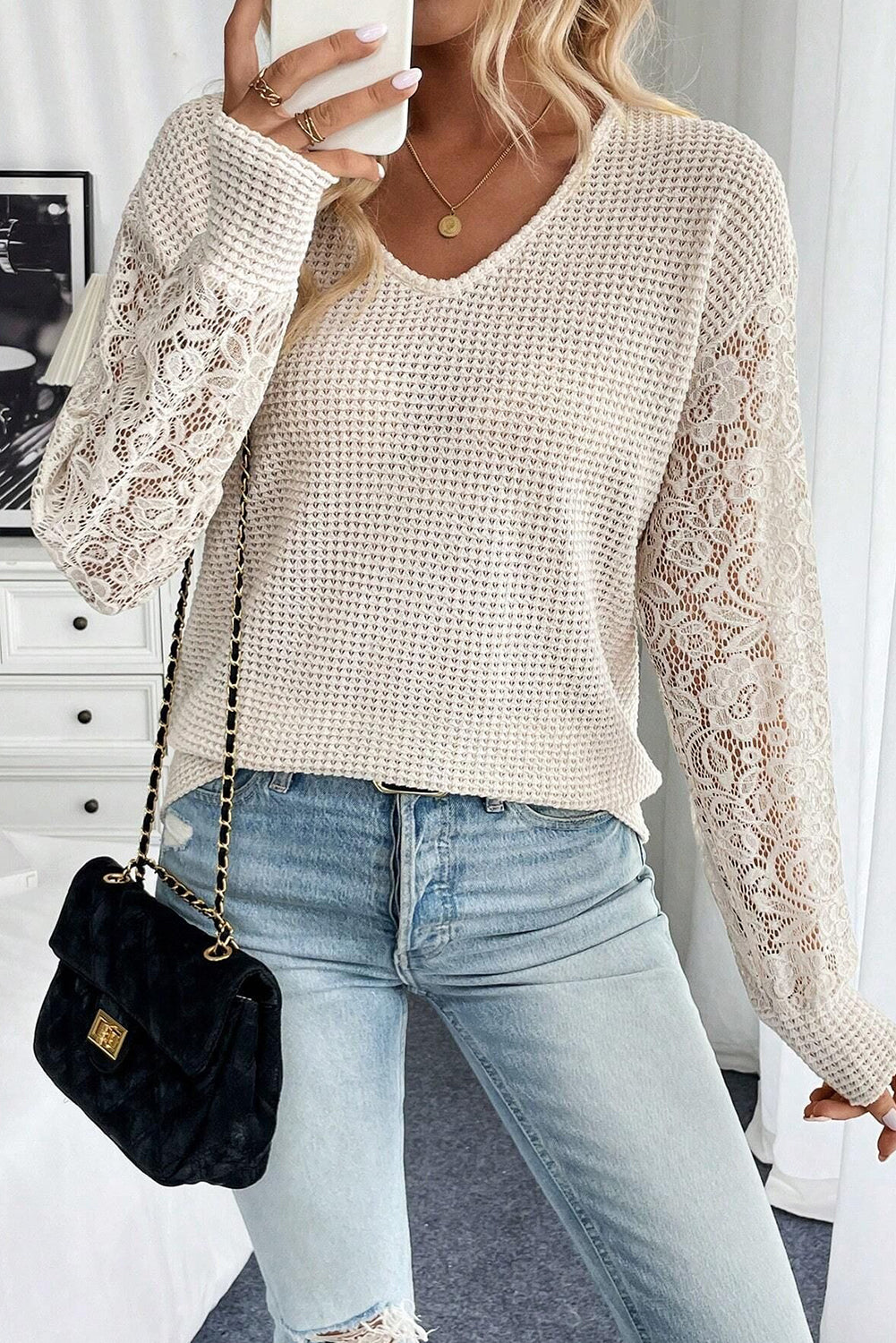 Beige Lace Sleeve Top RTS