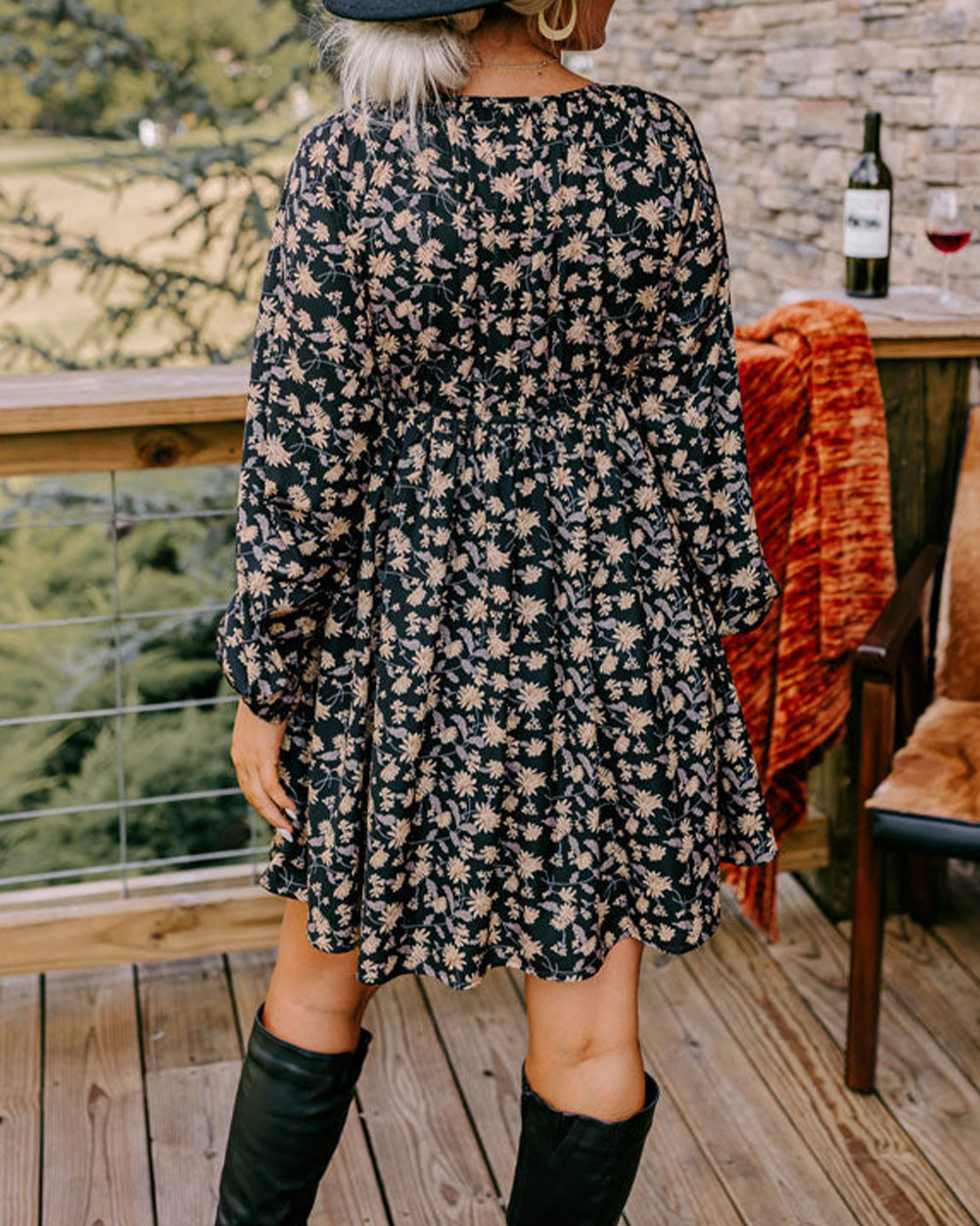 Black Floral Smocked Babydoll Dress RTS