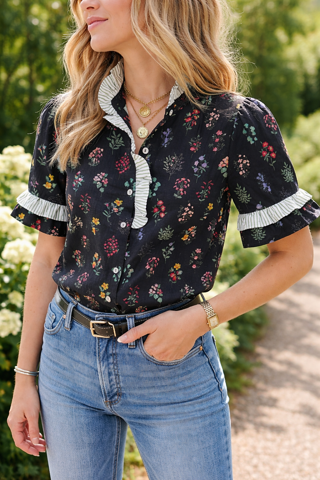Black Frilled Trim Floral Shirt February.