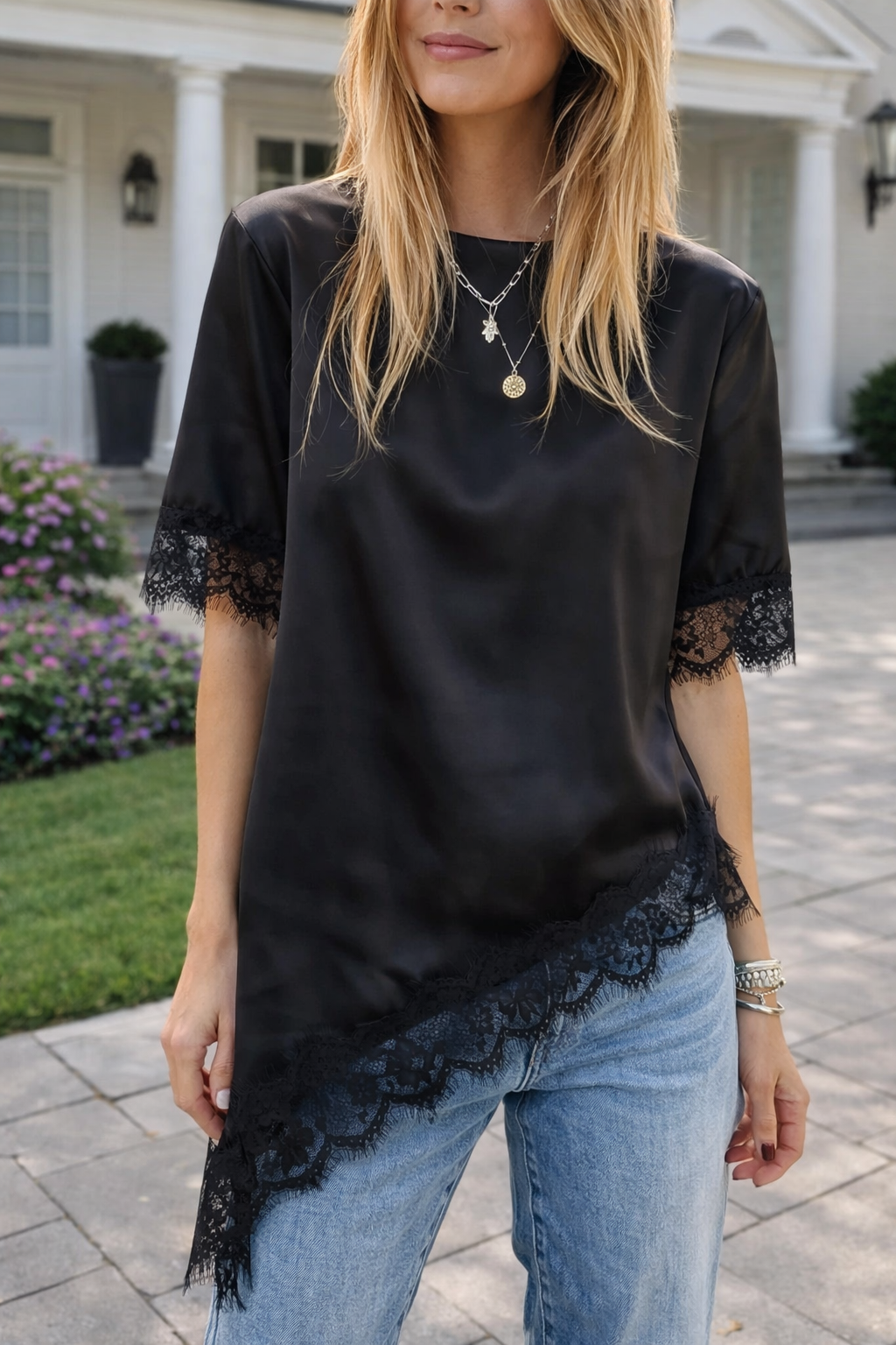 Black Lace Trim Satin Top FB