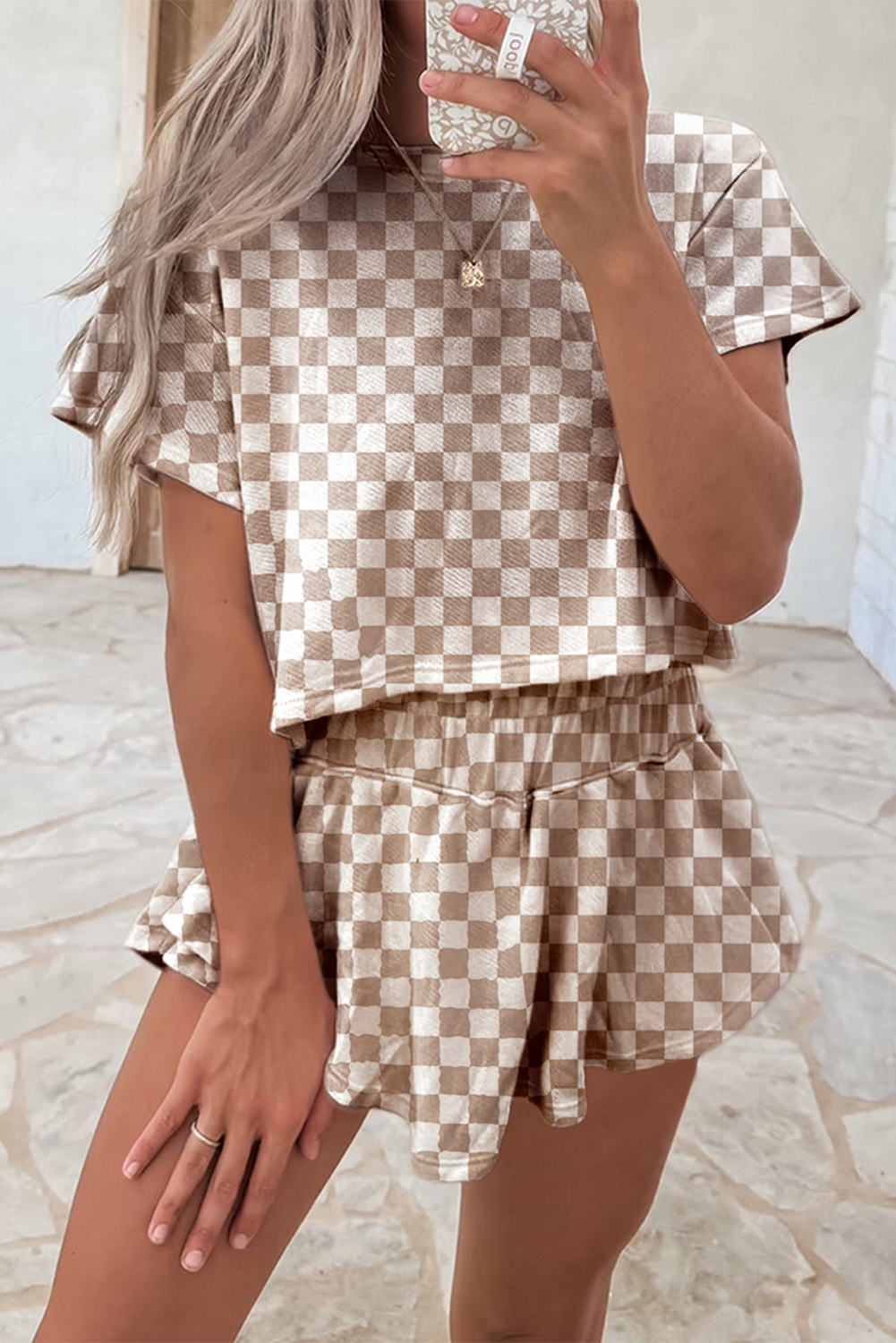 Brown Checkerboard T Shirt and High Waist Skorts 2 Piece Outfit RTS
