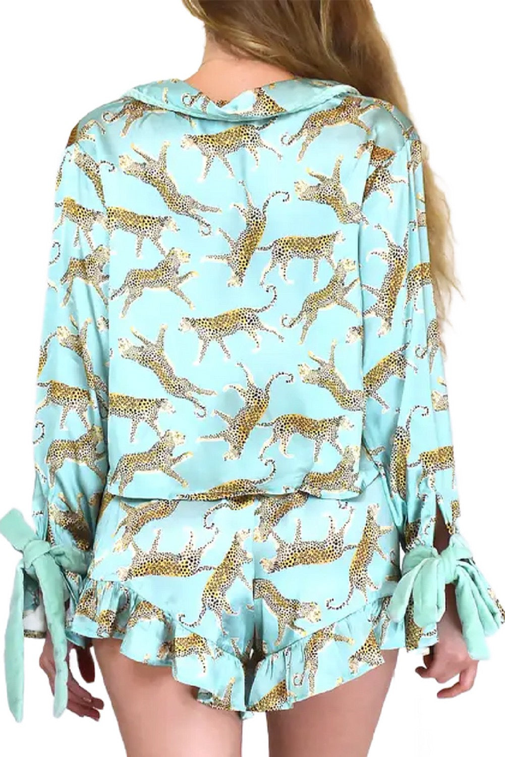 Green Leopard Satin Ruffle Pajamas LT