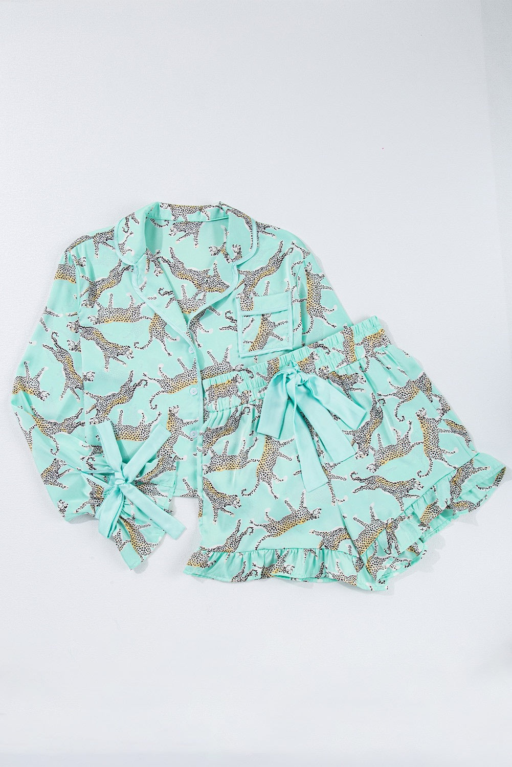 Green Leopard Satin Ruffle Pajamas LT
