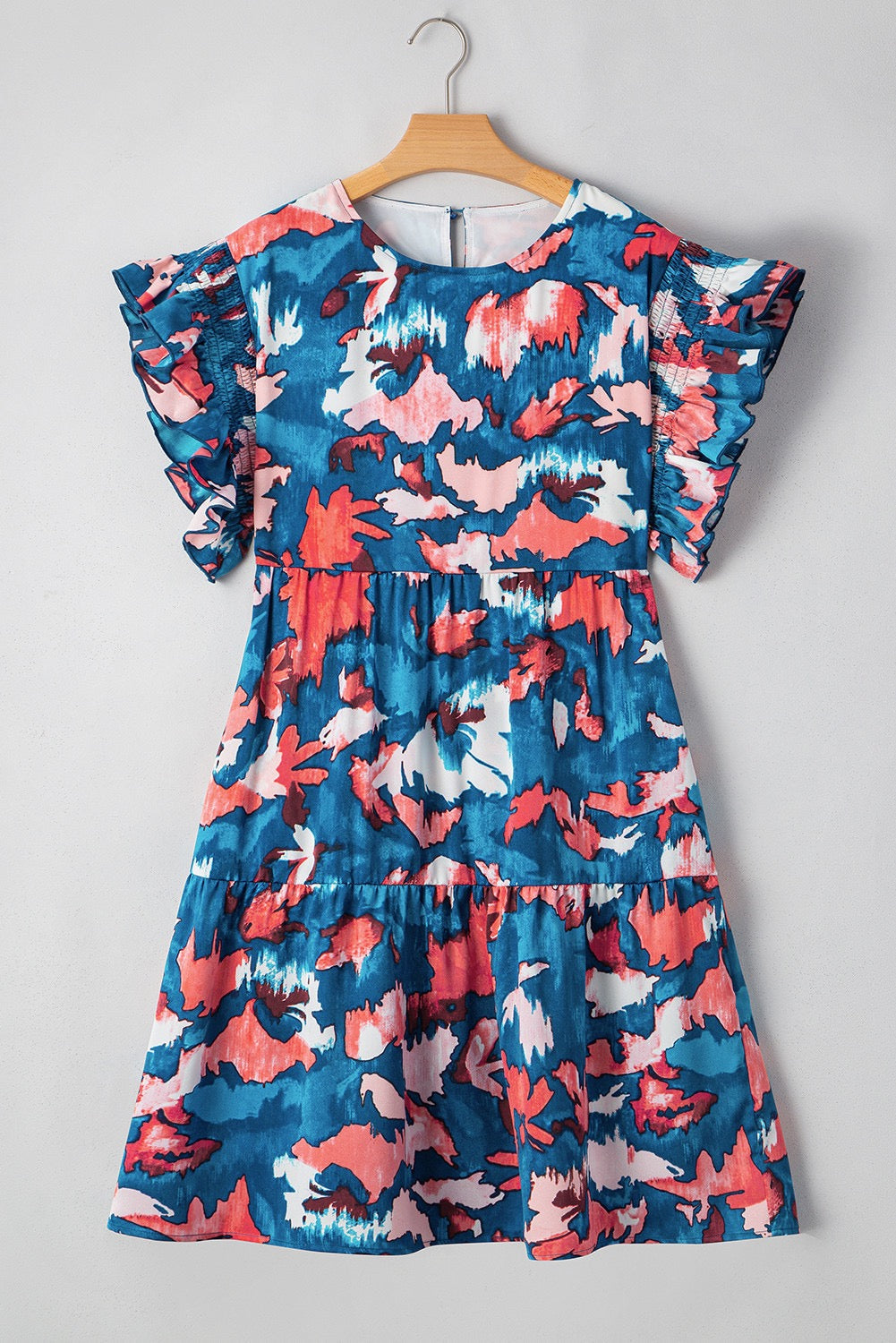 Blue Abstract Ruffled Sleeve Plus Size Dress LT