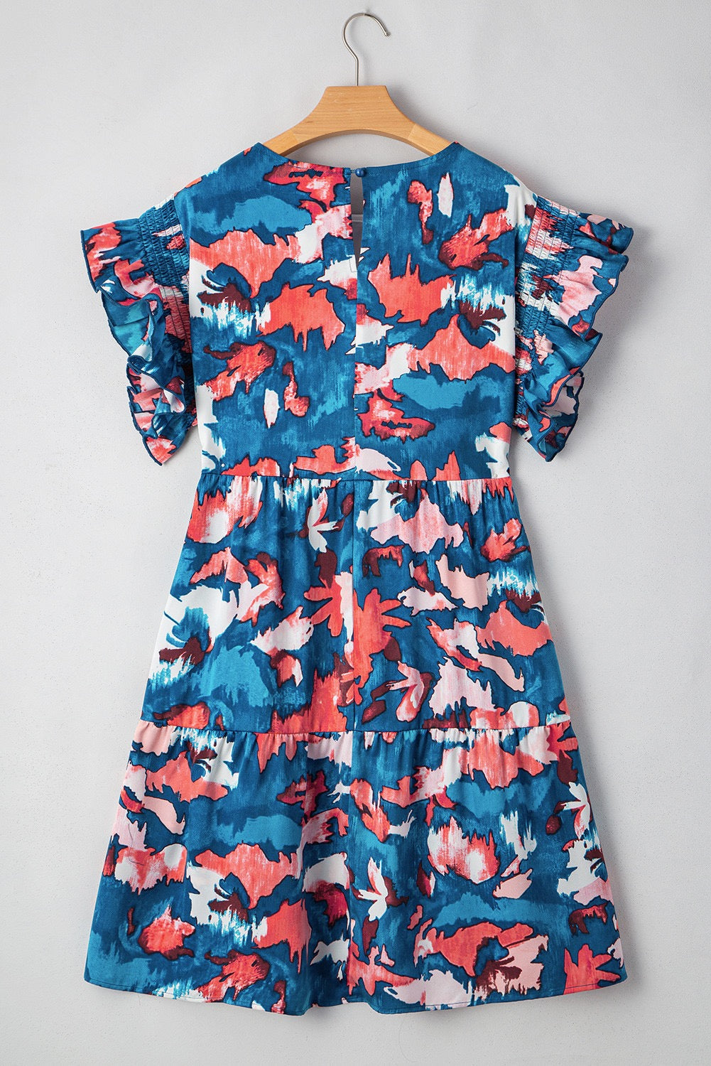 Blue Abstract Ruffled Sleeve Plus Size Dress LT