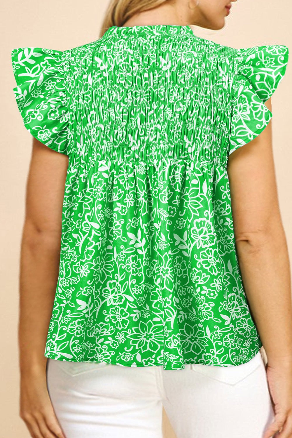 Green Floral Flutter Sleeve Plus Size Blouse LT
