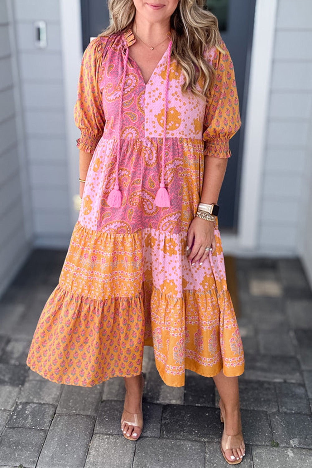 Pink and Orange Patchwork Plus Size Midi Dress LT