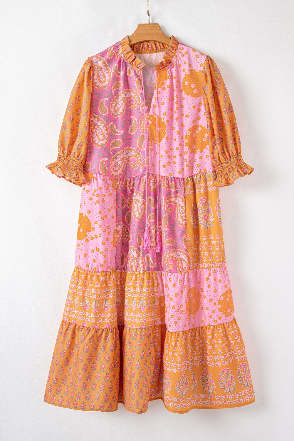 Pink and Orange Patchwork Plus Size Midi Dress LT