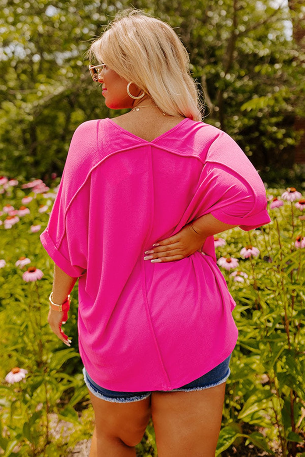 Pink Plus Size Cuffed Sleeve Blouse LT