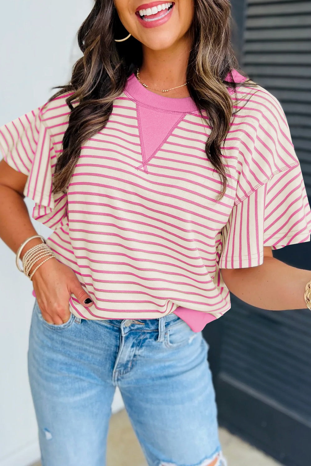 Pink Stripe Ruffle Sleeve Blouse LT