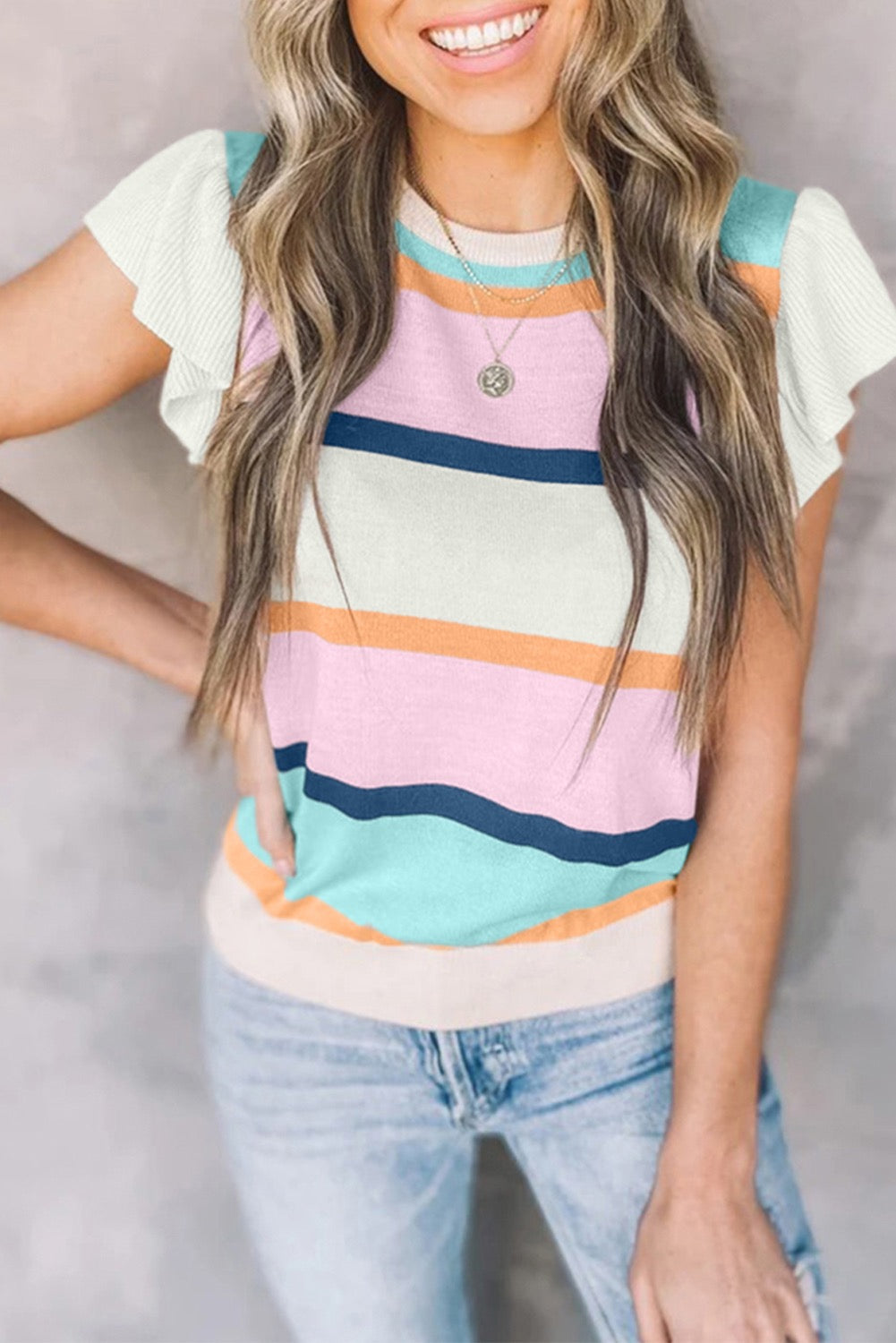 Flutter Sleeve Striped Sweater LT