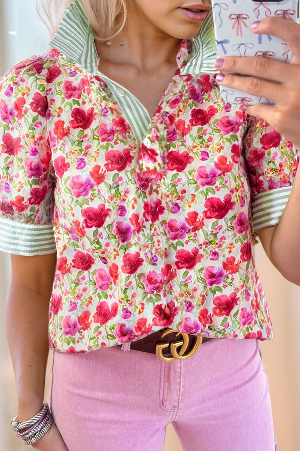 Green and Pink Floral Striped Collar Blouse LT