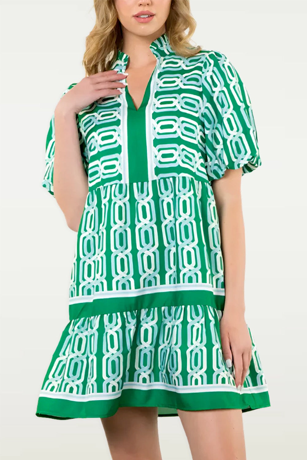 Green Abstract Puff Sleeve Dress LT
