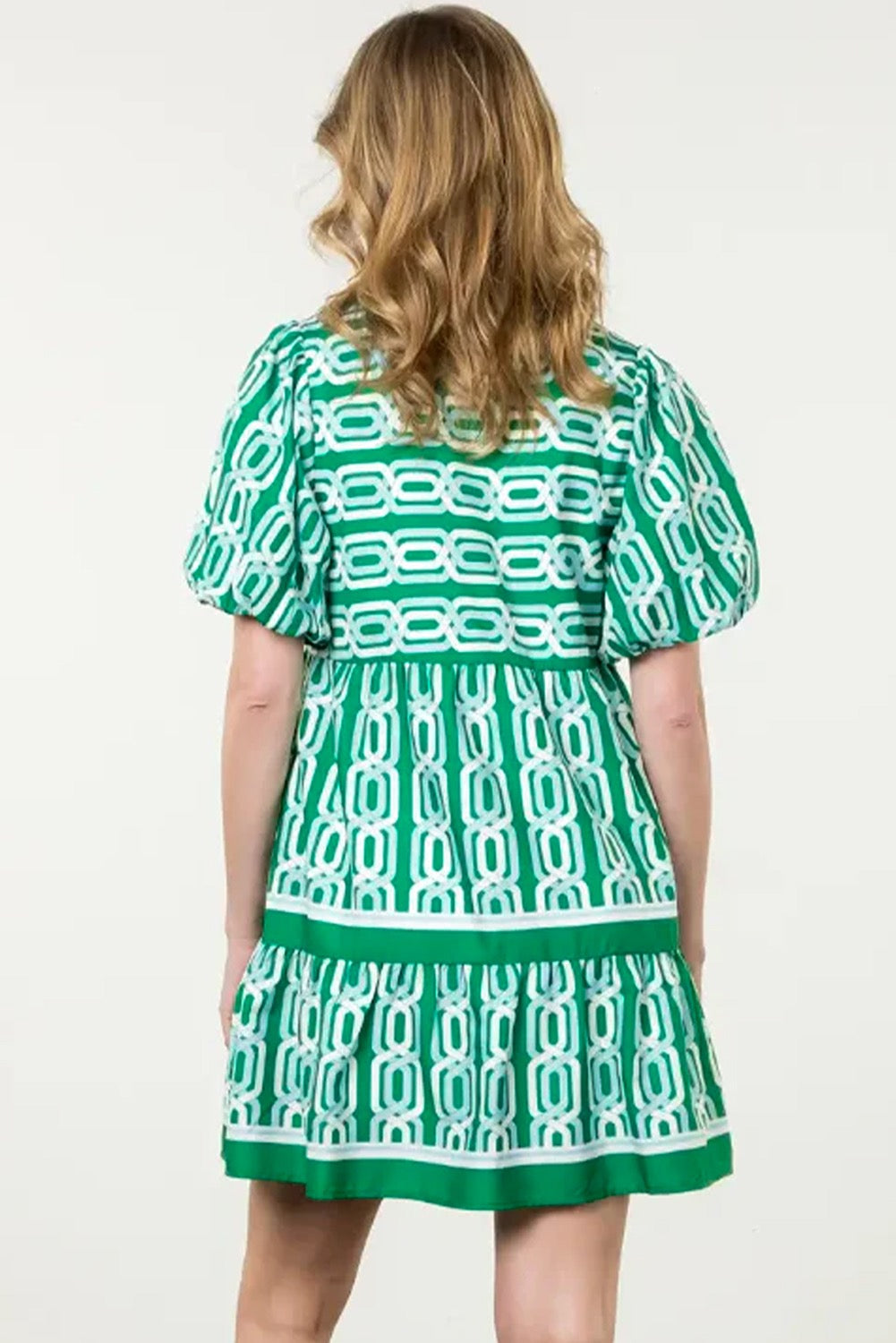 Green Abstract Puff Sleeve Dress LT