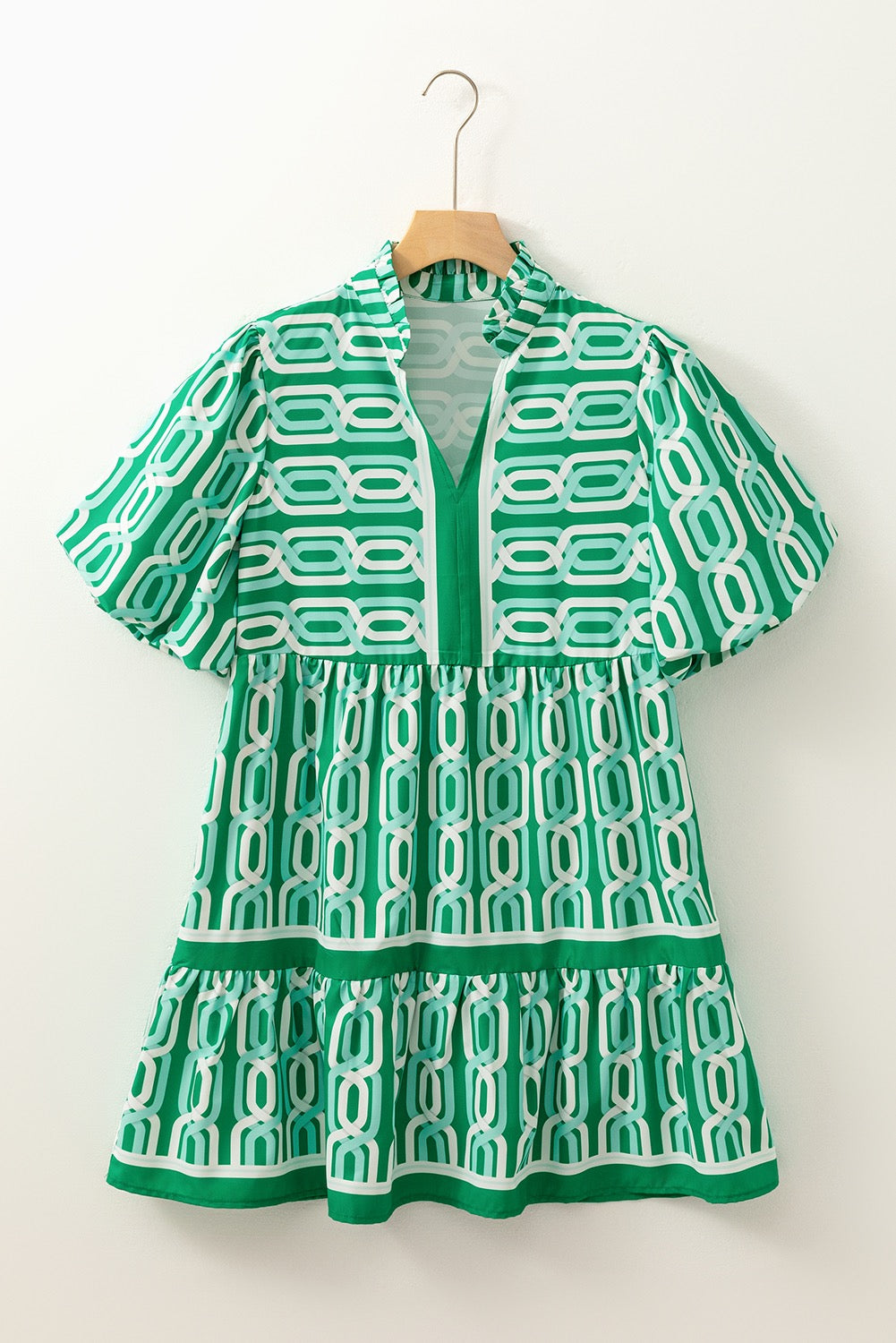 Green Abstract Puff Sleeve Dress LT