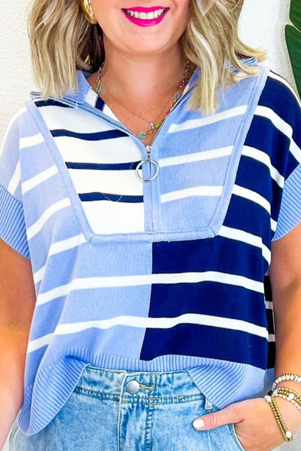 Blue Colorblock Striped Sweatervest LT