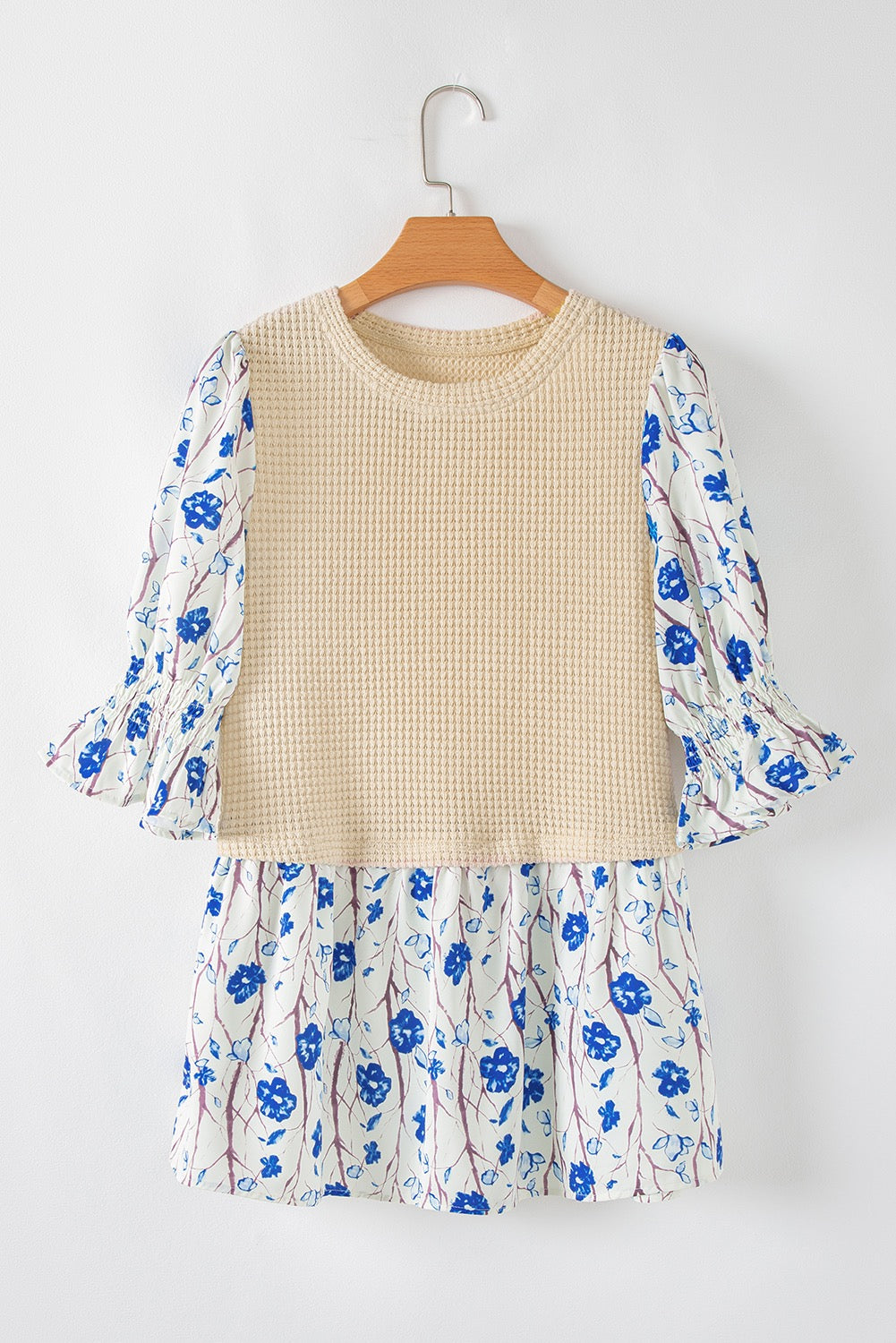 Blue Floral Waffle Patchwork Blouse LT