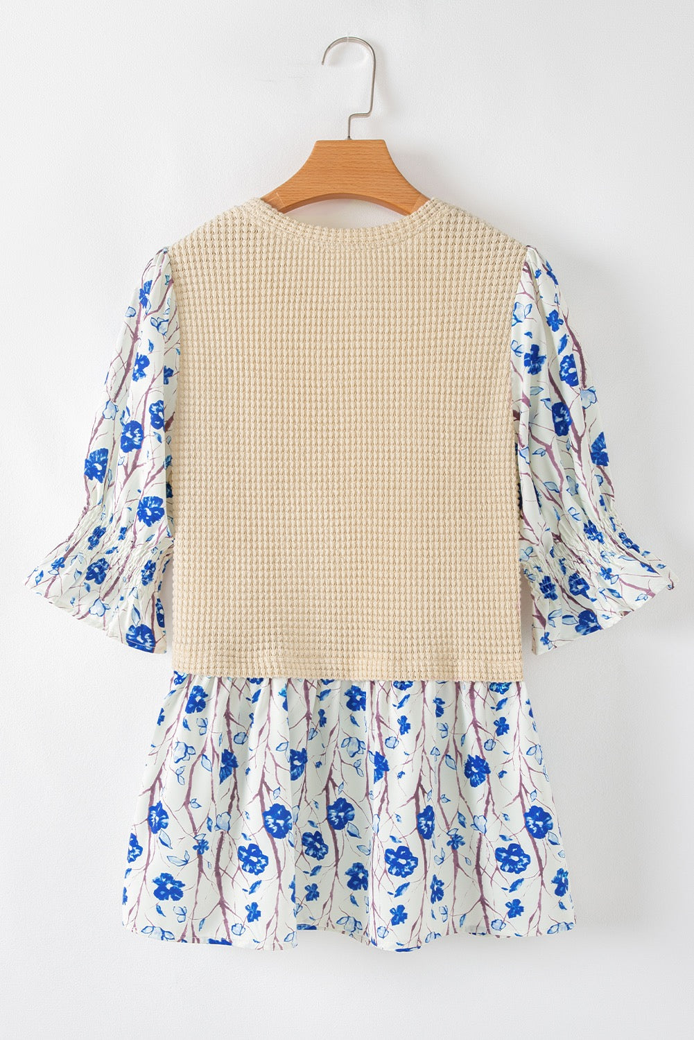 Blue Floral Waffle Patchwork Blouse LT