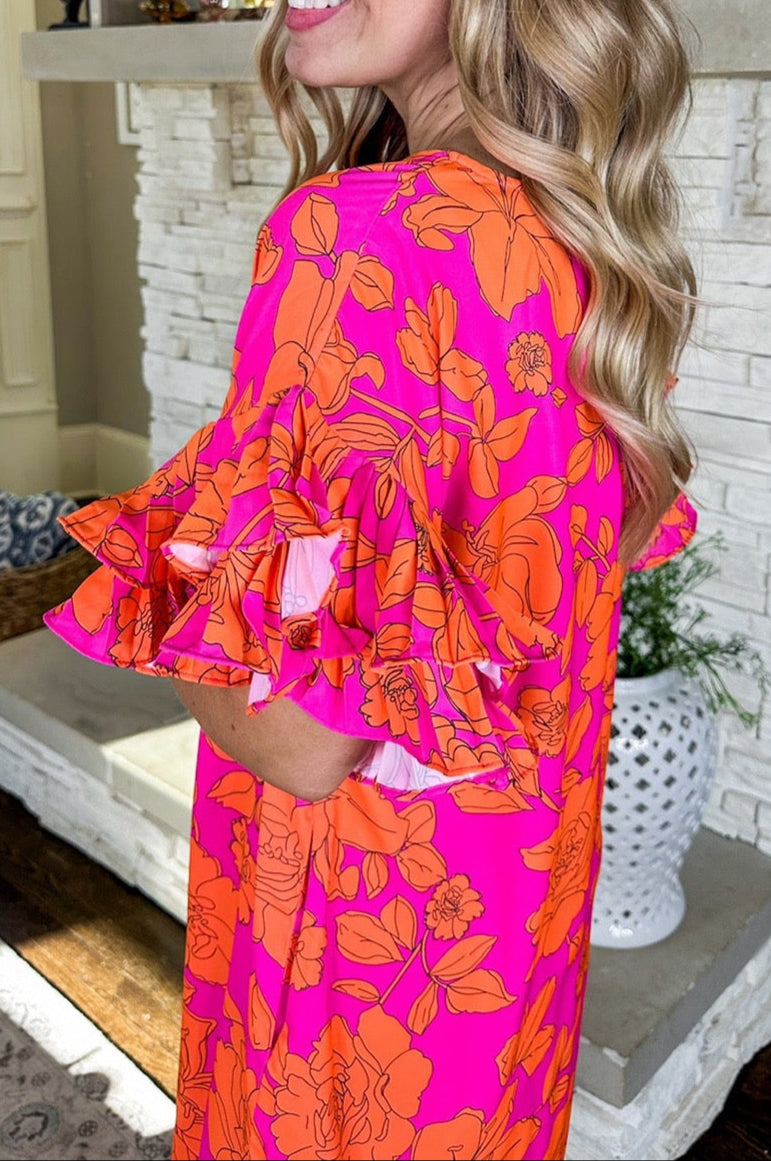 Pink and Orange Floral Ruffle Sleeve Dress LT