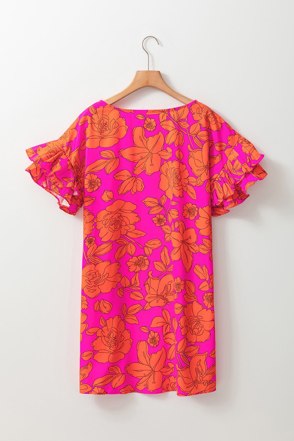 Pink and Orange Floral Ruffle Sleeve Dress LT
