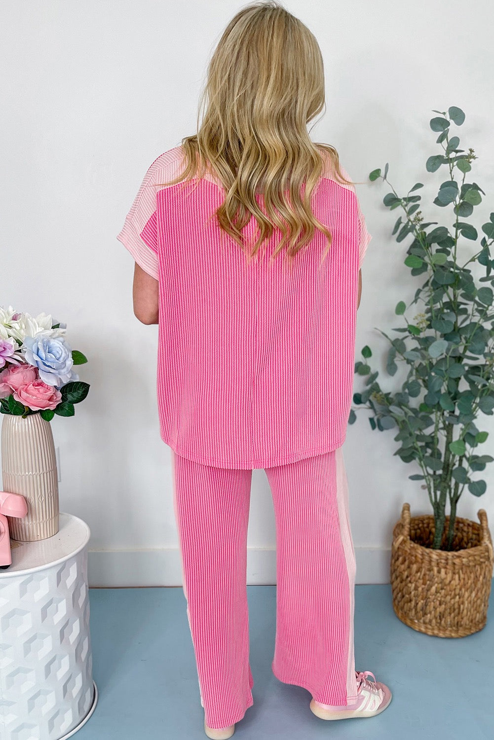 Pink Corded Patchwork Pants Set RTS