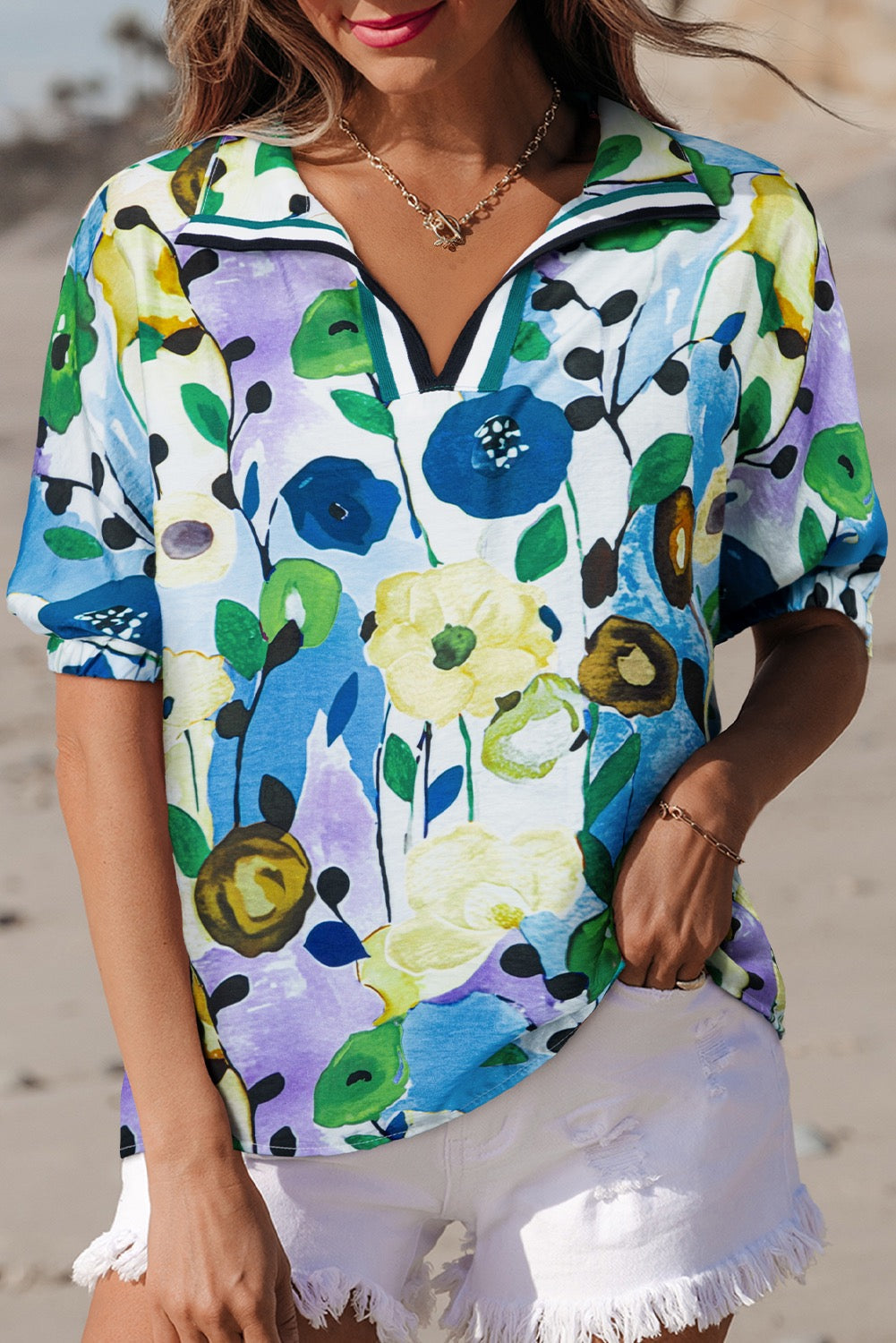 Floral Stripe Collar Blouses LT