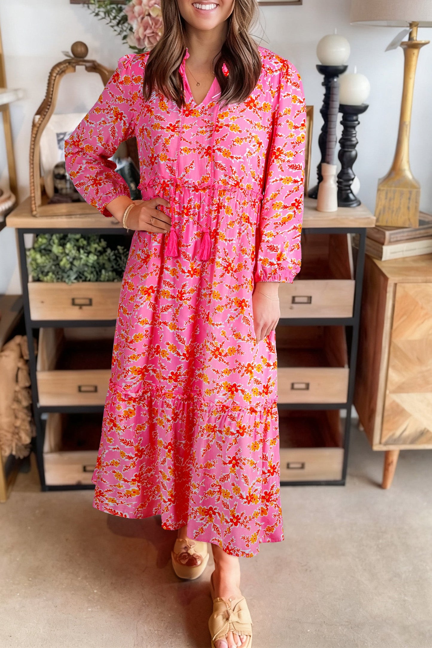 Pink Floral Tassel Maxi Dress RTS