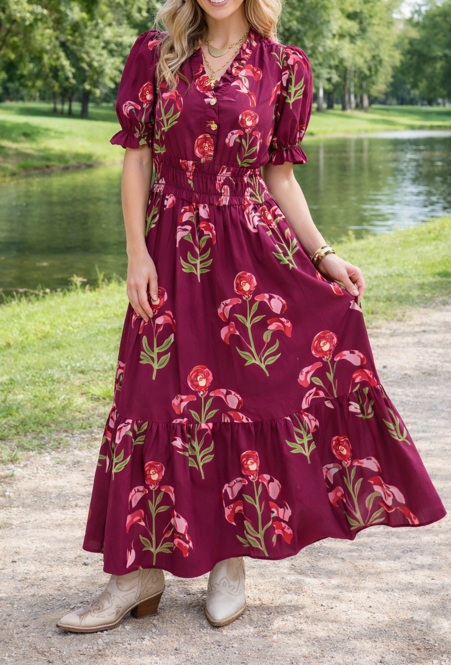 Red Floral Frilled Maxi Dress February.