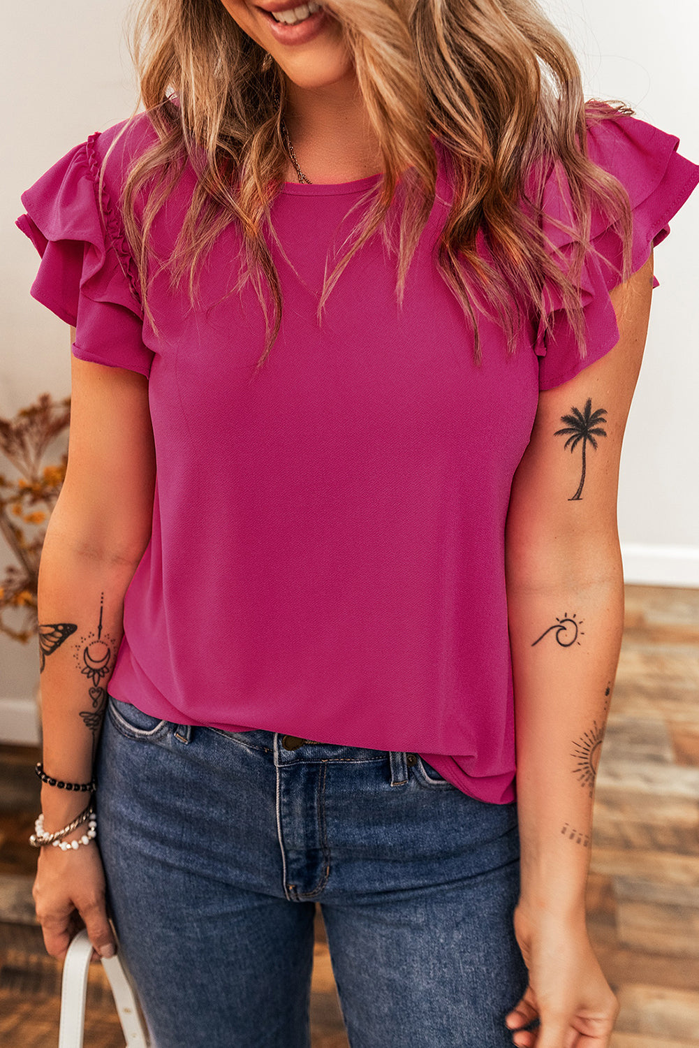 Rose Red Ruffle Sleeve Blouse RTS