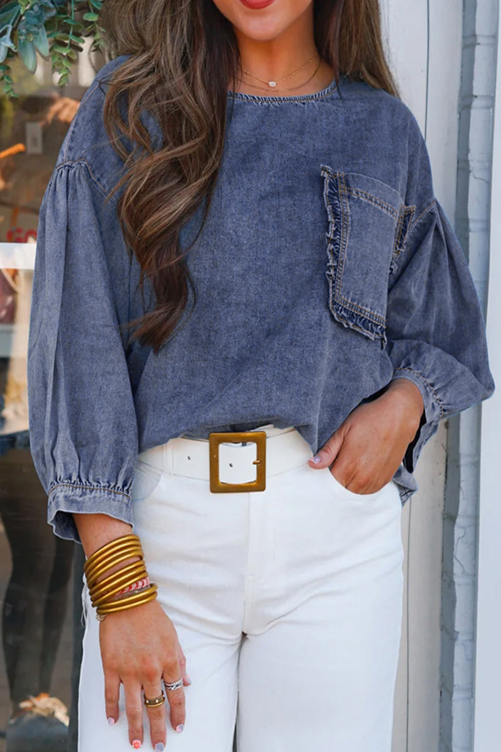Sky Blue Ruffled Denim Blouse RTS