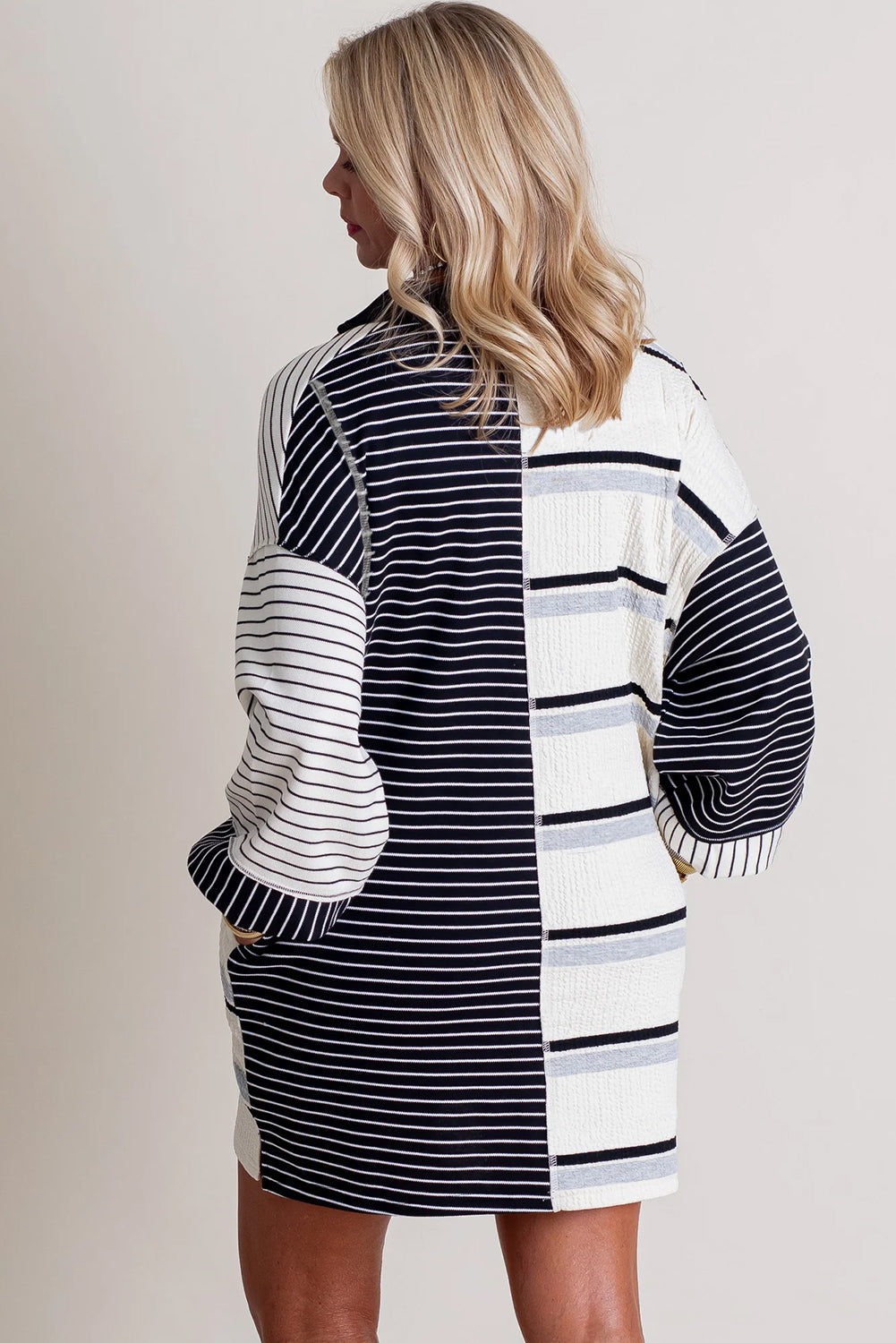 Black Stripe Colorblock Henley Mini Dress RTS