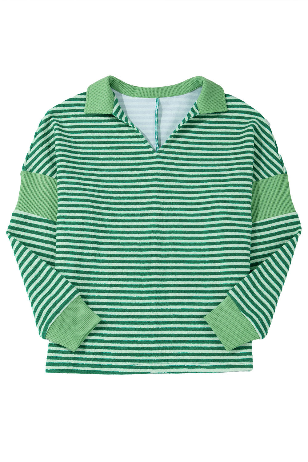 Green Stripe Turn-Down V Neck Patchwork Loose Top
