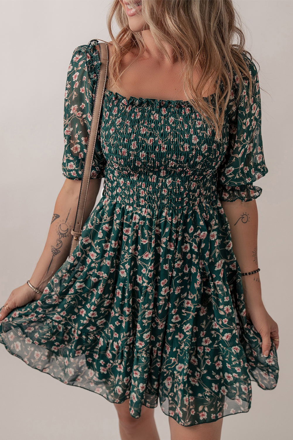 Green Smocked Floral Dress RTS