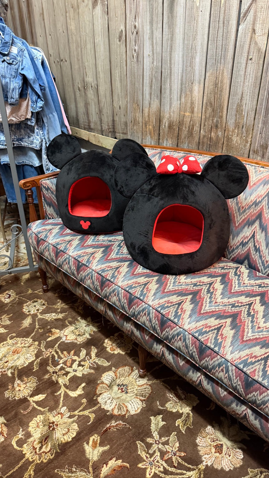 Matching Mickey Mouse and Minnie Mouse plush pet beds in black and red
