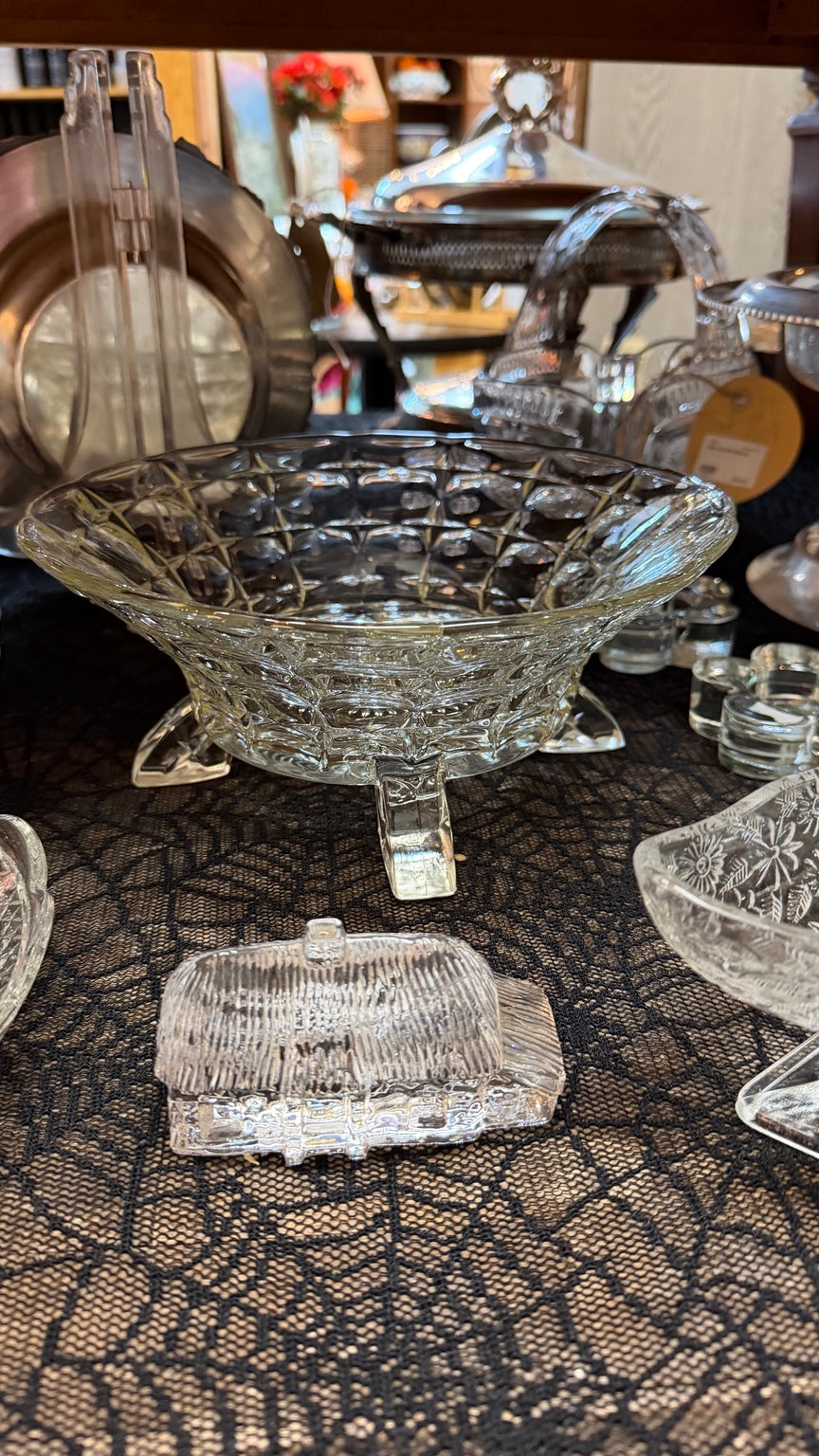 Vintage clear pressed glass footed basket bowl