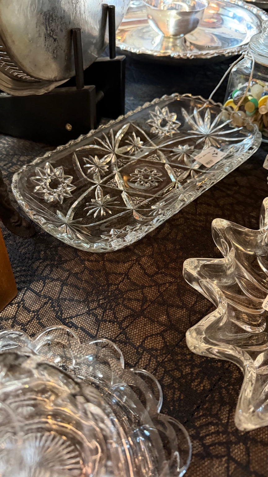Vintage clear pressed glass oblong relish tray with starburst pattern