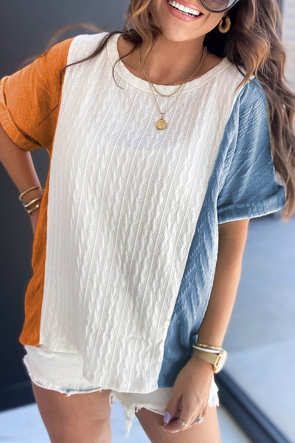Light Blue Textured Color Block Top RTS