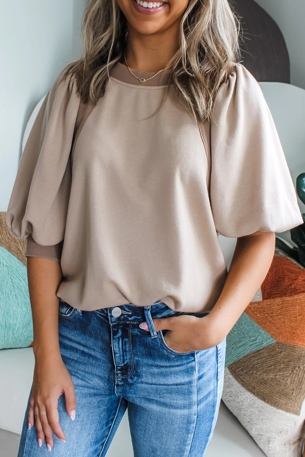 Half Lantern Sleeve Solid Color Pullover Top RTS