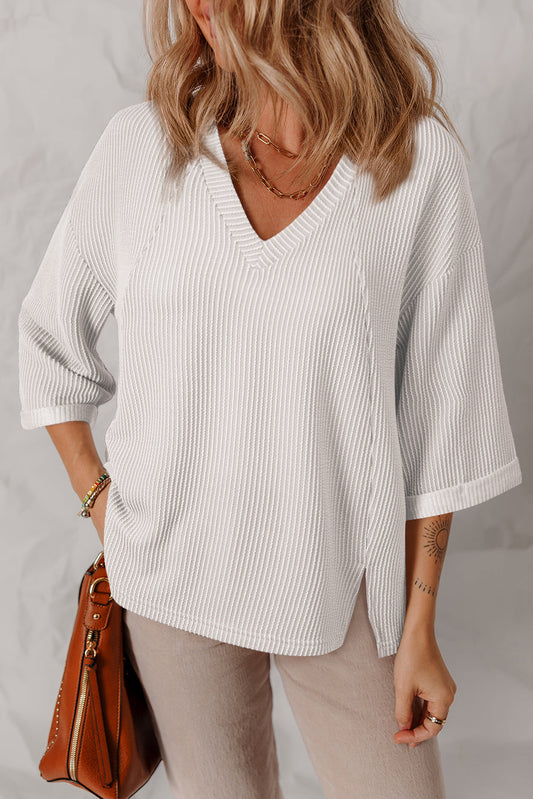 White Corded Sleeve V Neck Top RTS