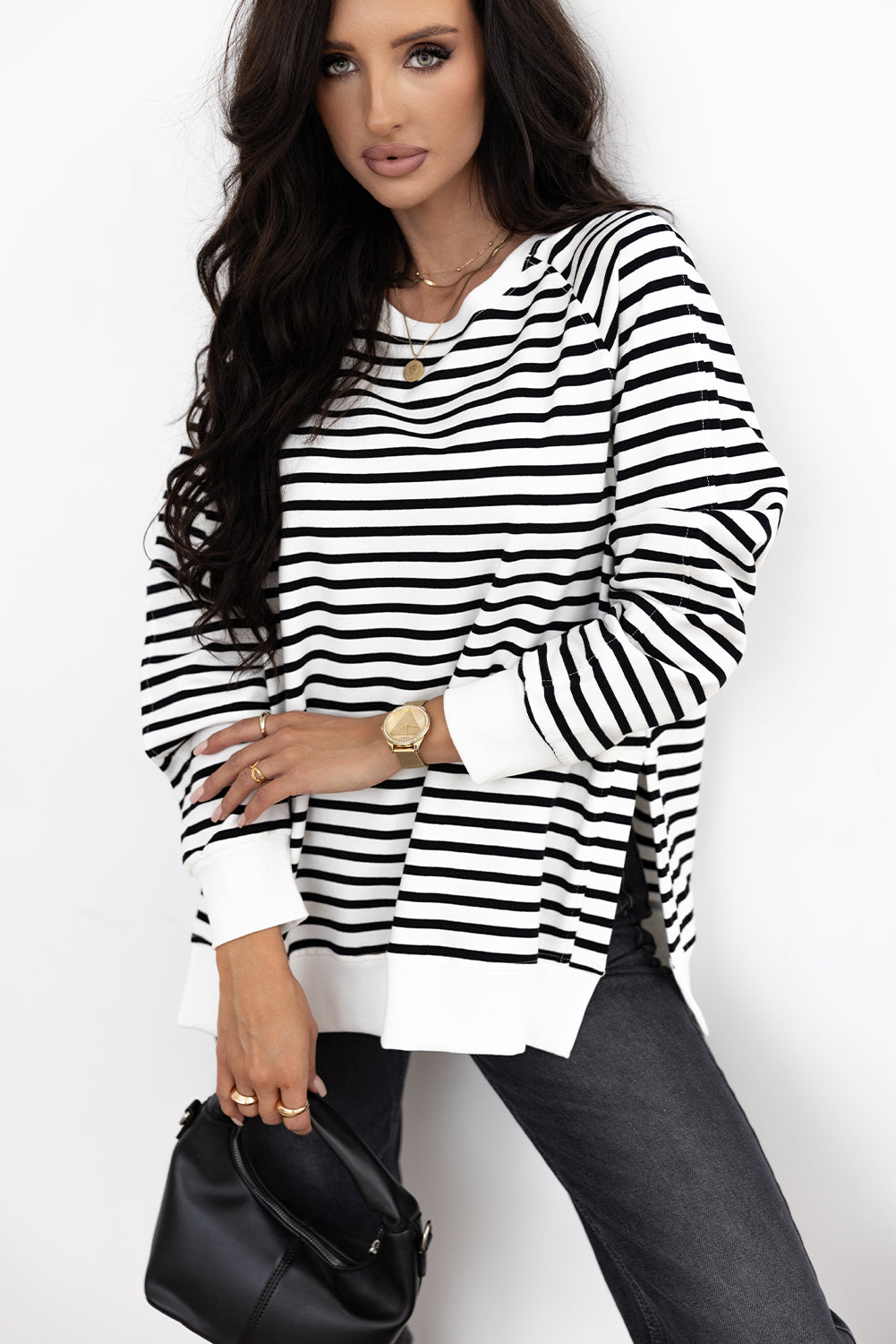 Black Stripe Raglan Sleeve Side Slits Loose Sweatshirt