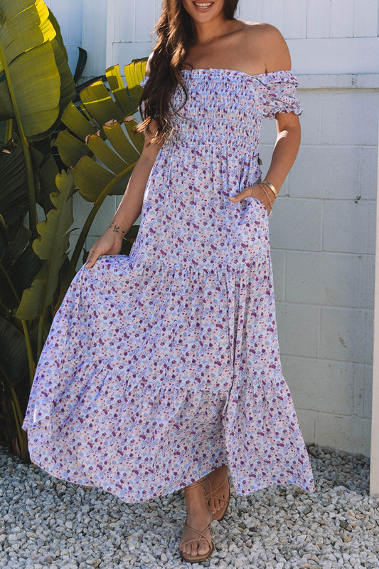 Purple Floral Shirred Maxi Dress RTS