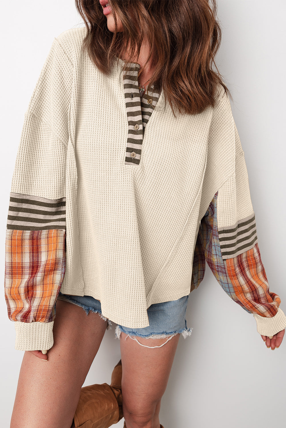 Beige Waffle Plaid Knit Top RTS