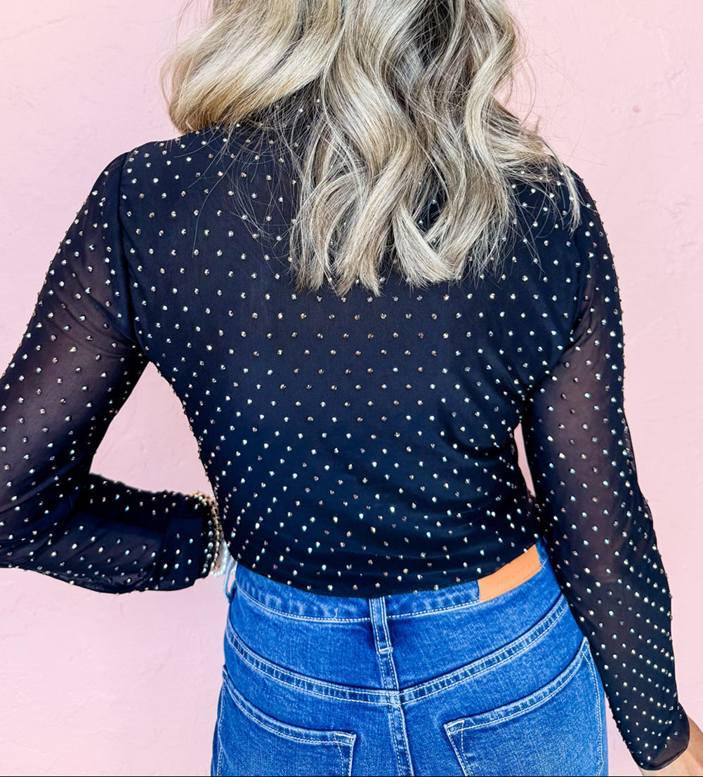 Black Rhinestone Mesh Top RTS