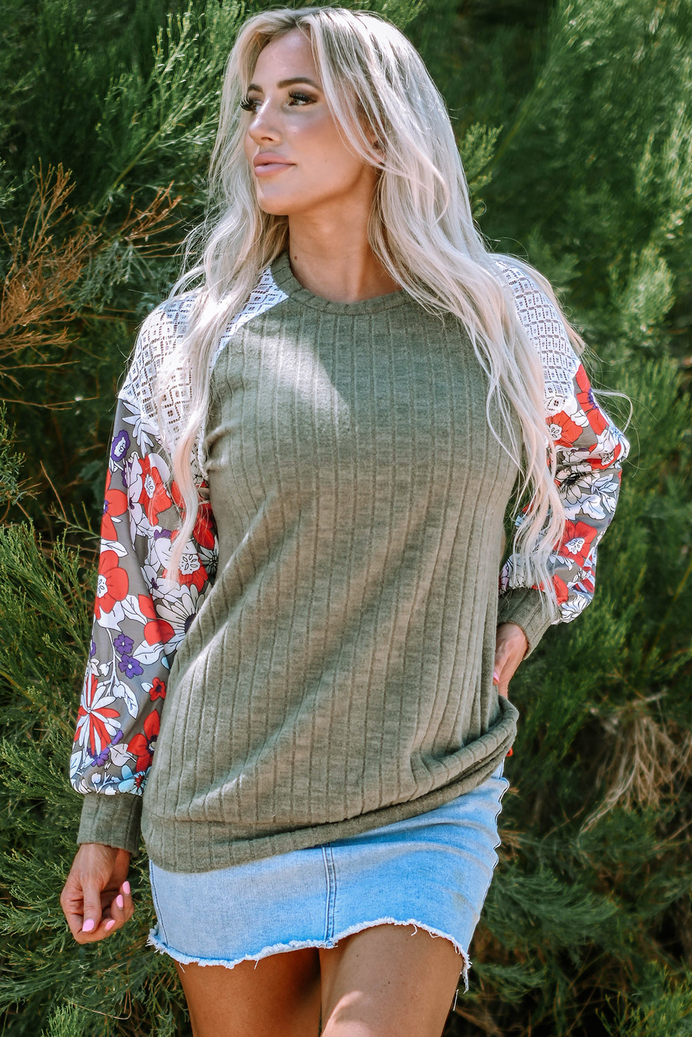 Laurel Green Floral Patchwork Long Sleeve Ribbed Blouse