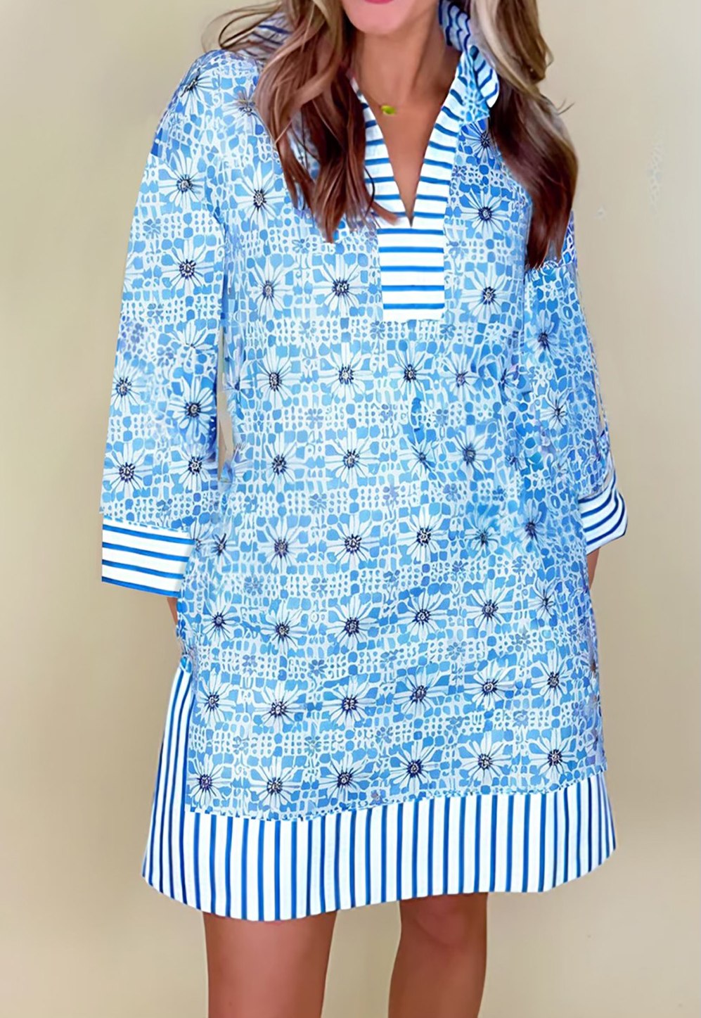 Blue Floral Contrast Fall Dress RTS