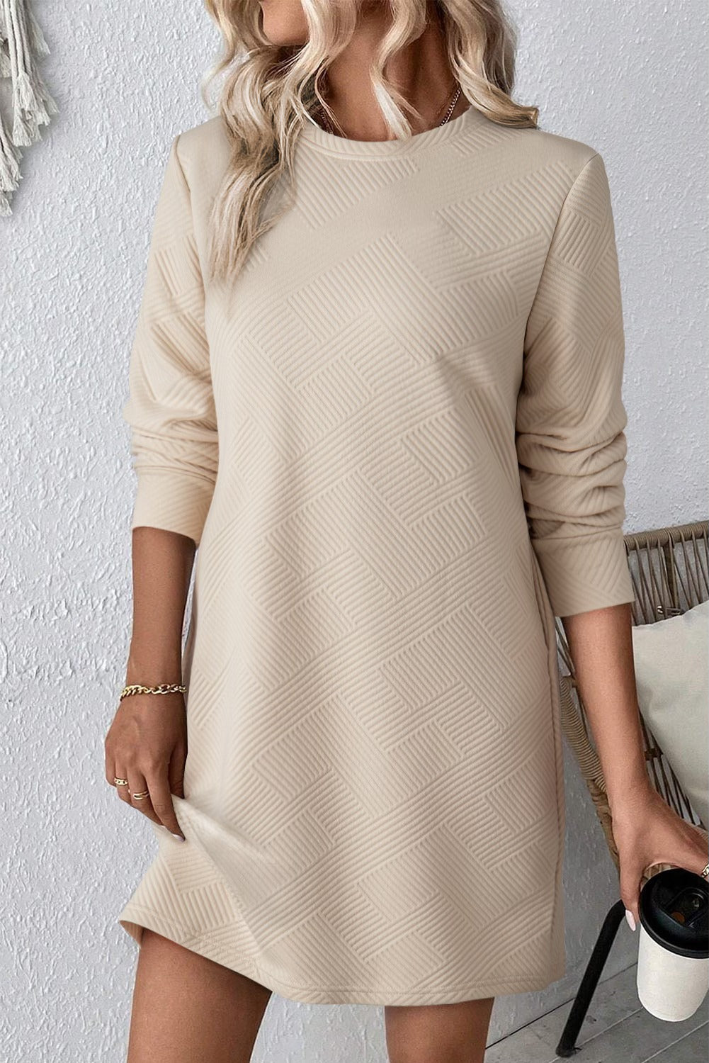 Beige Textured Shift Dress RTS